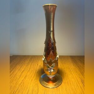 Vintage RTL Bohemian Pink Gold Floral Glass Vase Handmade Hand painted Mcm